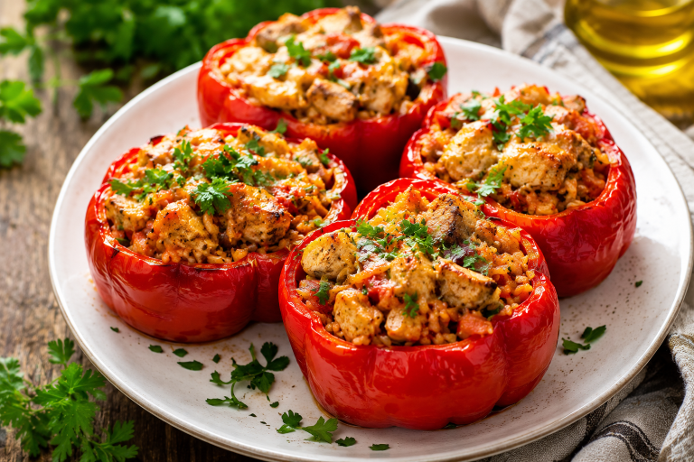 Пълнени чушки с пилешко и кафяв ориз